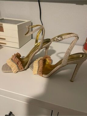 Jessica Simpson Beige and Tan Ruffle Strap High Heel Sandals
